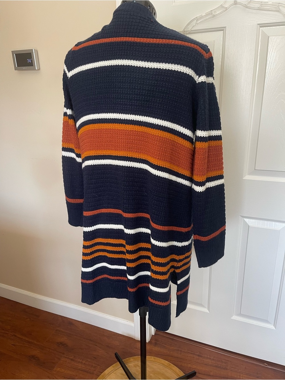 Macy's Navy Open-Front Striped Cardigan with Rust & Cream - Picture 11 of 14